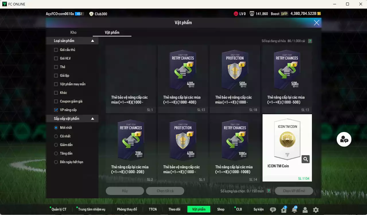 Ảnh ACC 4.380.704b trắng, có thẻ đổi tên, còn nhiều coin TM vs CP GIẢM THUẾ. HLV Siêu Xịn, dư 211.000TC