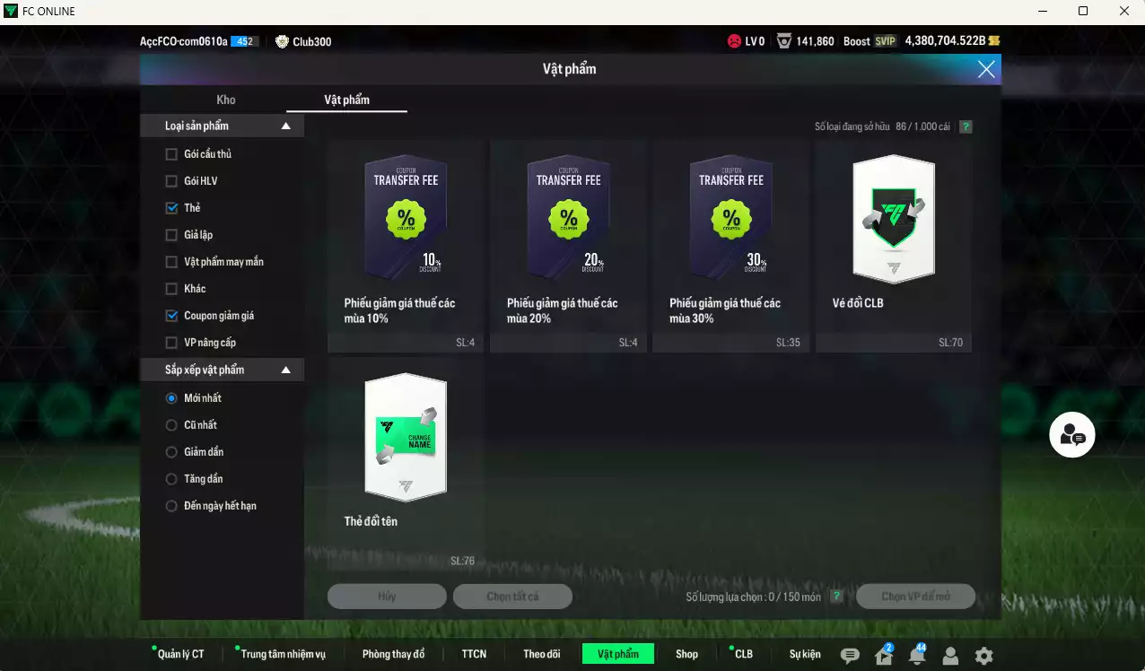 Ảnh ACC 4.380.704b trắng, có thẻ đổi tên, còn nhiều coin TM vs CP GIẢM THUẾ. HLV Siêu Xịn, dư 211.000TC