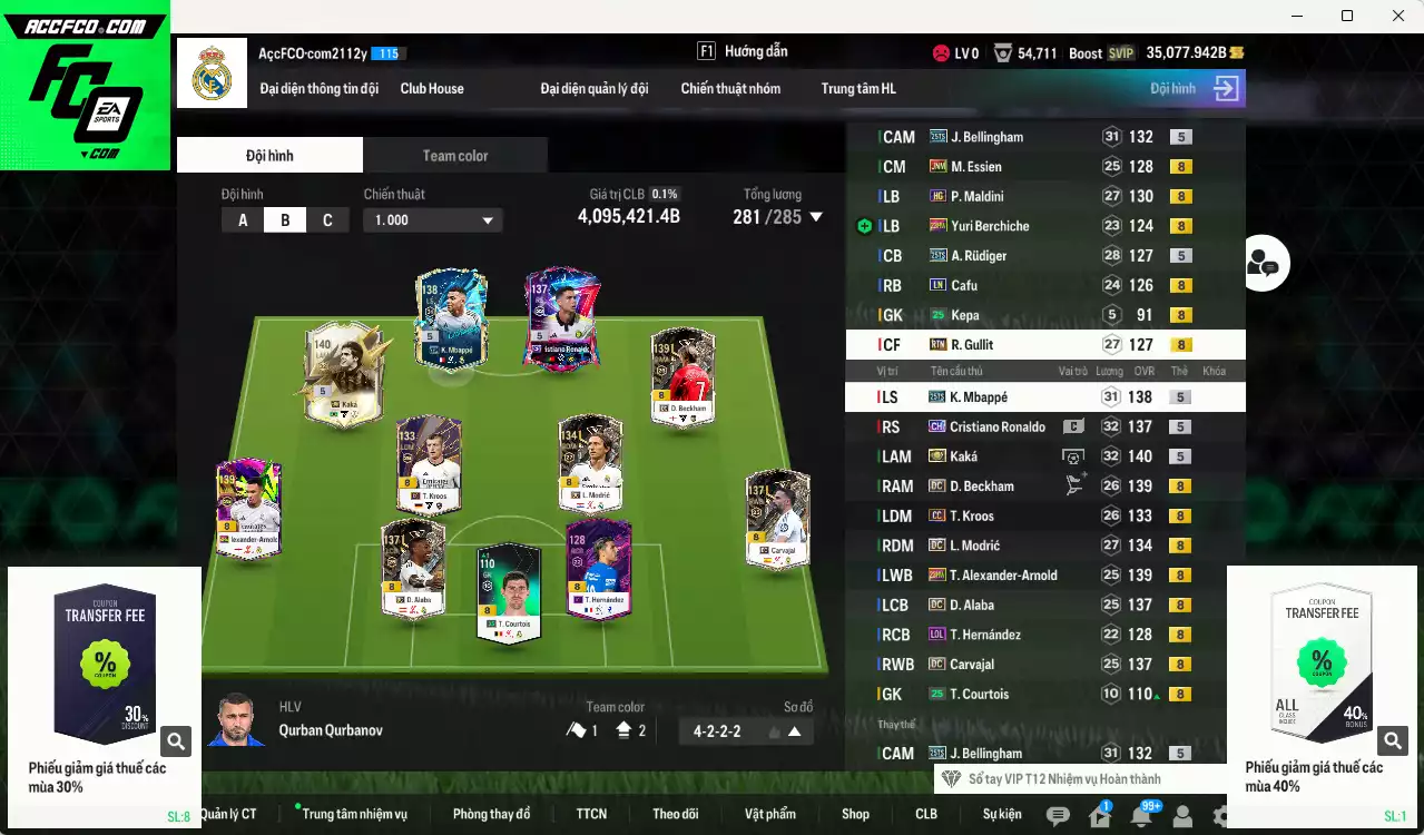 Real Madrid 4.095.420b có Kaká ITM+5, Mbappé 25TS, Bellingham 25TS, Beckham DC, CR7 CH, Kroos CC, Modric DC, Alaba DC, Arnold 23HW, Rudiger 25TS, Essien JNM, Carvajal DC... Đã đào tạo full chỉ số nhiều cầu thủ vs nữa bảng chiến thuật