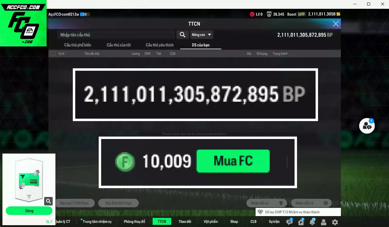 ACC 2111011b trắng vs 10.009FC, có thẻ đổi tên. HLV tạm, dư 79.000TC