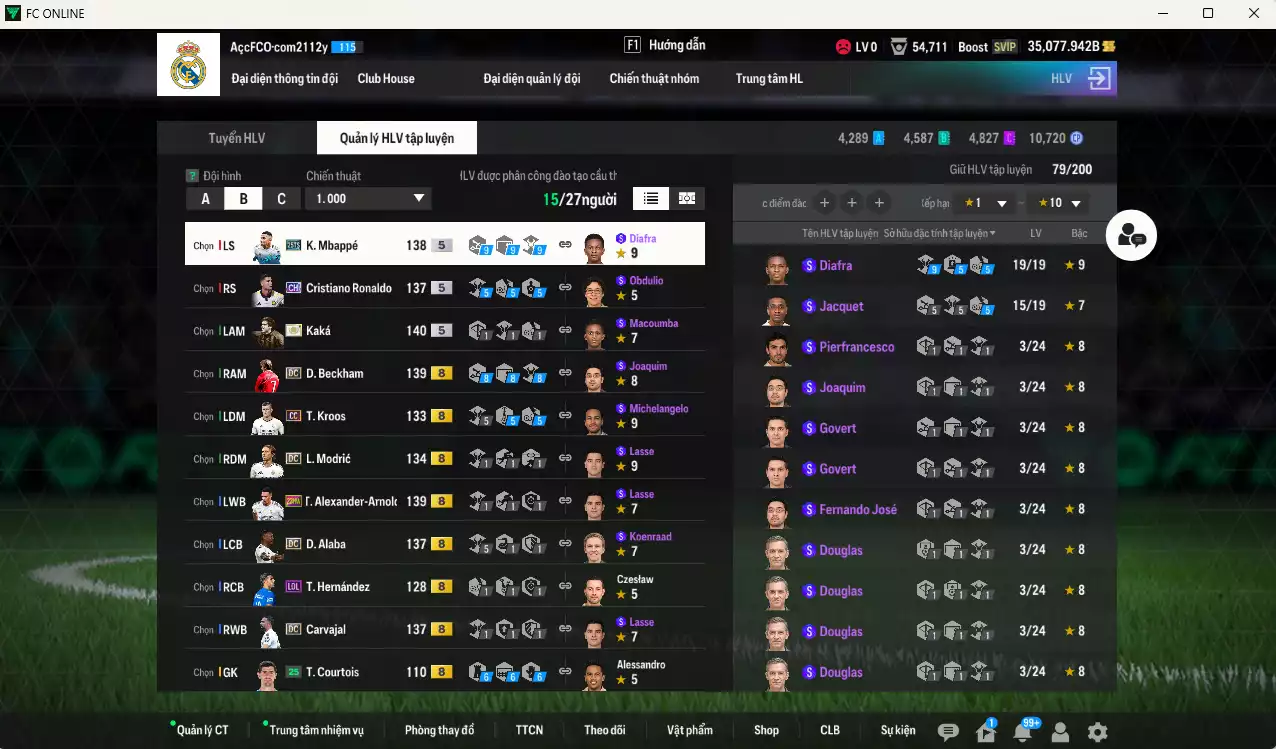 Ảnh Real Madrid 4.095.420b có Kaká ITM+5, Mbappé 25TS, Bellingham 25TS, Beckham DC, CR7 CH, Kroos CC, Modric DC, Alaba DC, Arnold 23HW, Rudiger 25TS, Essien JNM, Carvajal DC... Đã đào tạo full chỉ số nhiều cầu thủ vs nữa bảng chiến thuật