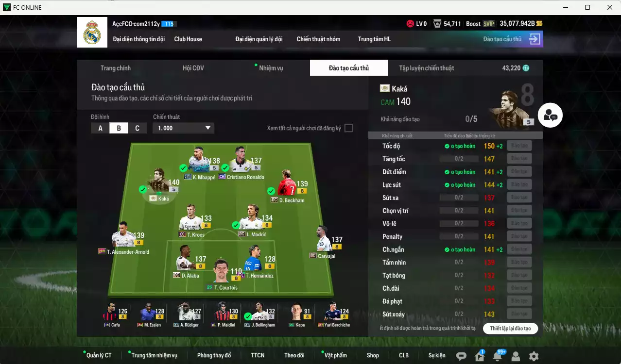 Ảnh Real Madrid 4.095.420b có Kaká ITM+5, Mbappé 25TS, Bellingham 25TS, Beckham DC, CR7 CH, Kroos CC, Modric DC, Alaba DC, Arnold 23HW, Rudiger 25TS, Essien JNM, Carvajal DC... Đã đào tạo full chỉ số nhiều cầu thủ vs nữa bảng chiến thuật