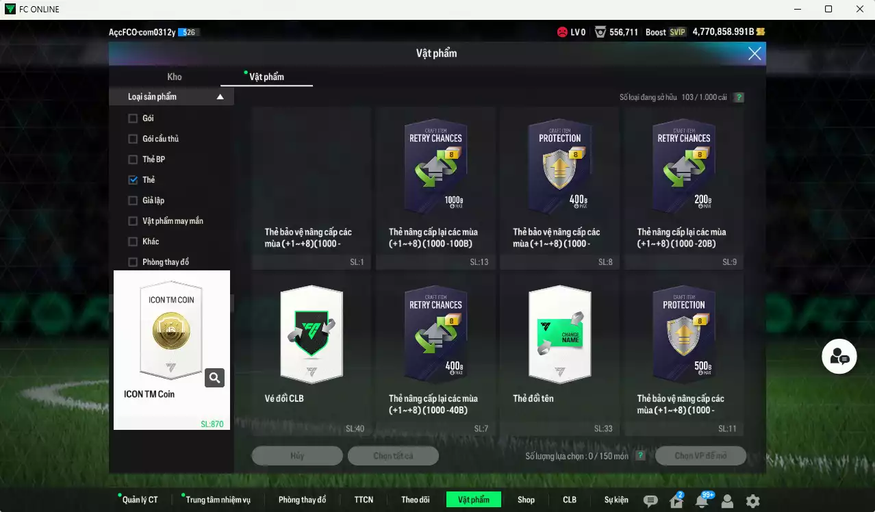 Ảnh ACC 4.770.858b trắng, có thẻ đổi tên. HLV Siêu Xịn, đã đào tạo nữa bảng chiến thuật, dư 148.000TC