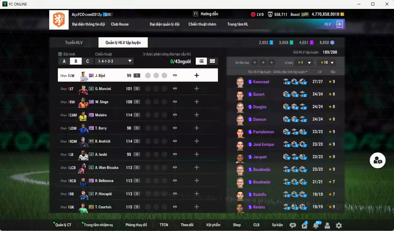 Ảnh ACC 4.770.858b trắng, có thẻ đổi tên. HLV Siêu Xịn, đã đào tạo nữa bảng chiến thuật, dư 148.000TC