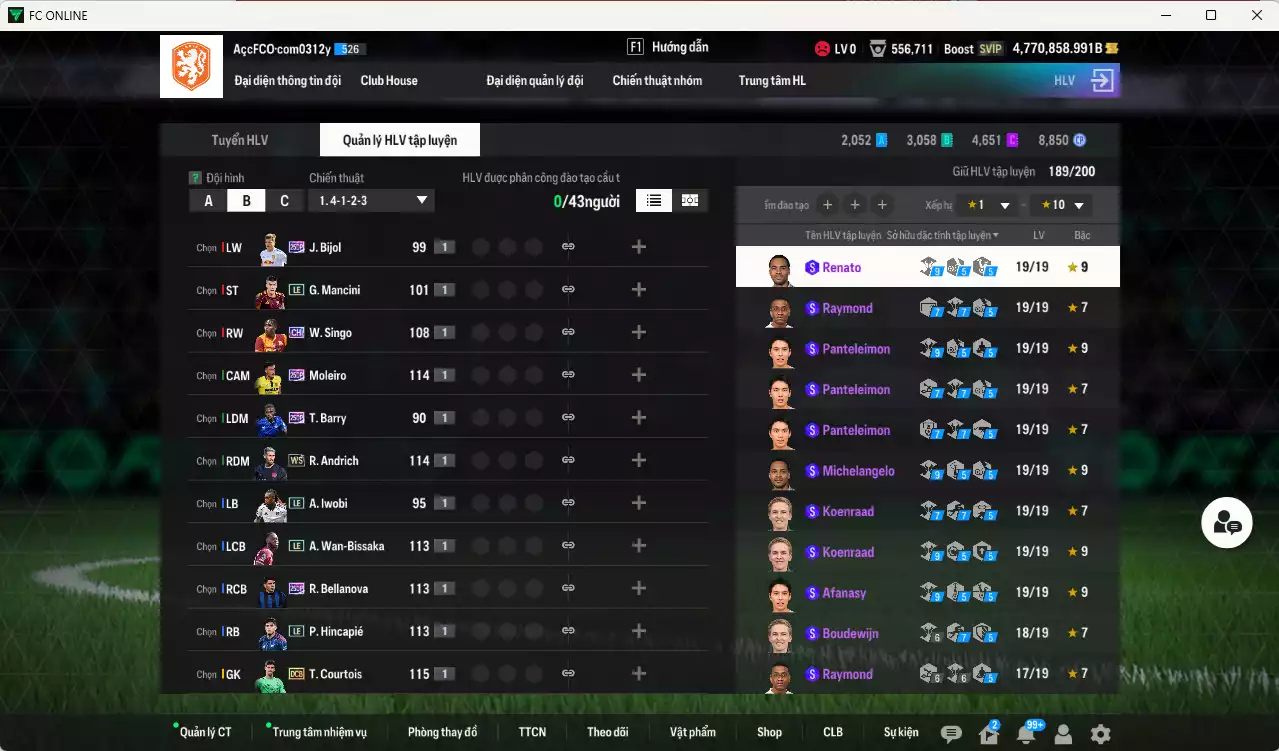 Ảnh ACC 4.770.858b trắng, có thẻ đổi tên. HLV Siêu Xịn, đã đào tạo nữa bảng chiến thuật, dư 148.000TC