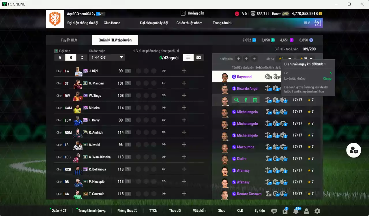 Ảnh ACC 4.770.858b trắng, có thẻ đổi tên. HLV Siêu Xịn, đã đào tạo nữa bảng chiến thuật, dư 148.000TC