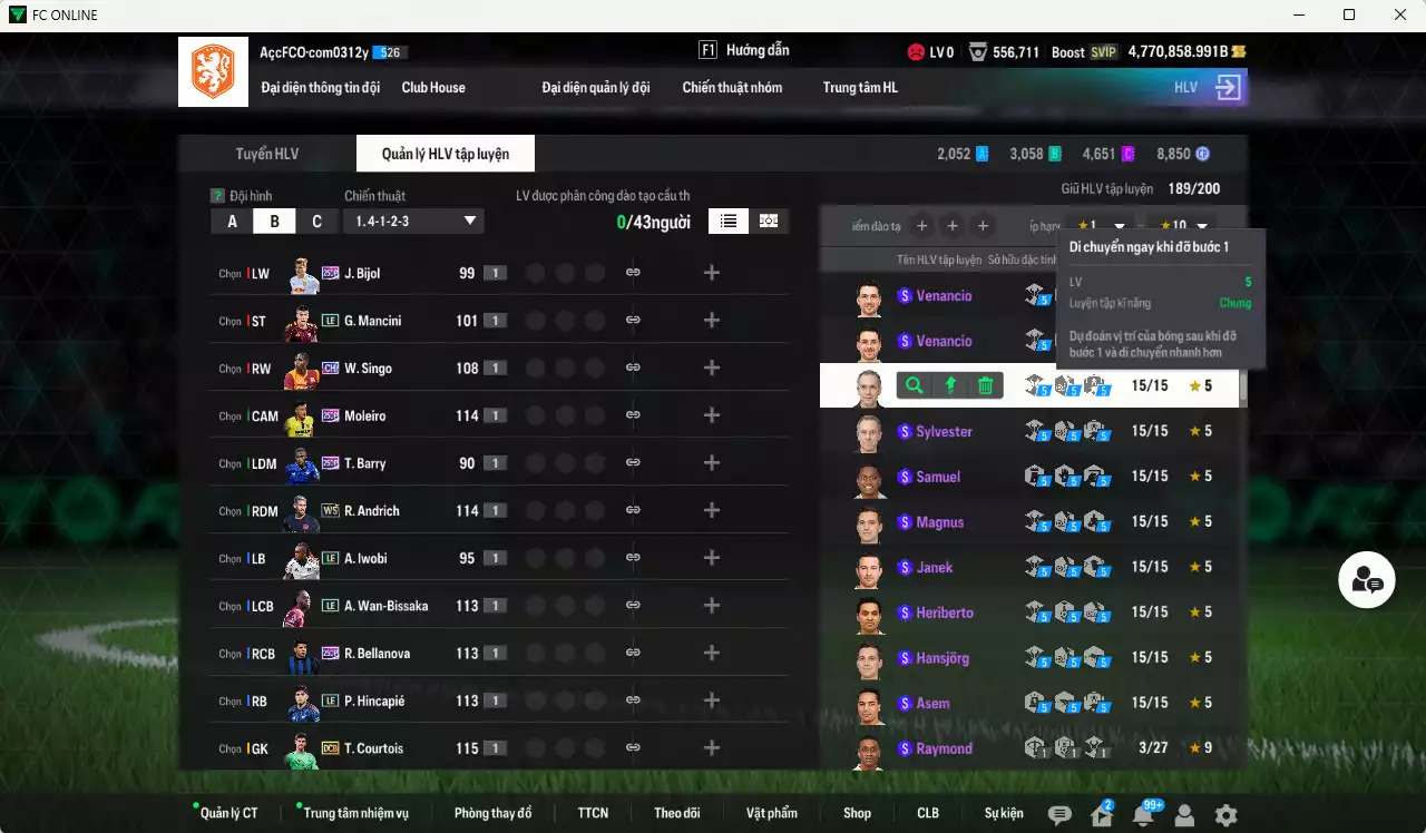 Ảnh ACC 4.770.858b trắng, có thẻ đổi tên. HLV Siêu Xịn, đã đào tạo nữa bảng chiến thuật, dư 148.000TC