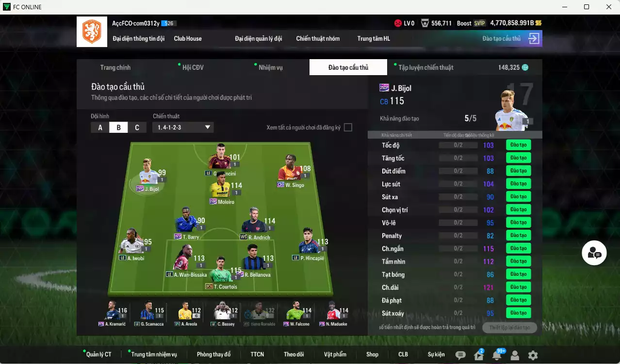 Ảnh ACC 4.770.858b trắng, có thẻ đổi tên. HLV Siêu Xịn, đã đào tạo nữa bảng chiến thuật, dư 148.000TC