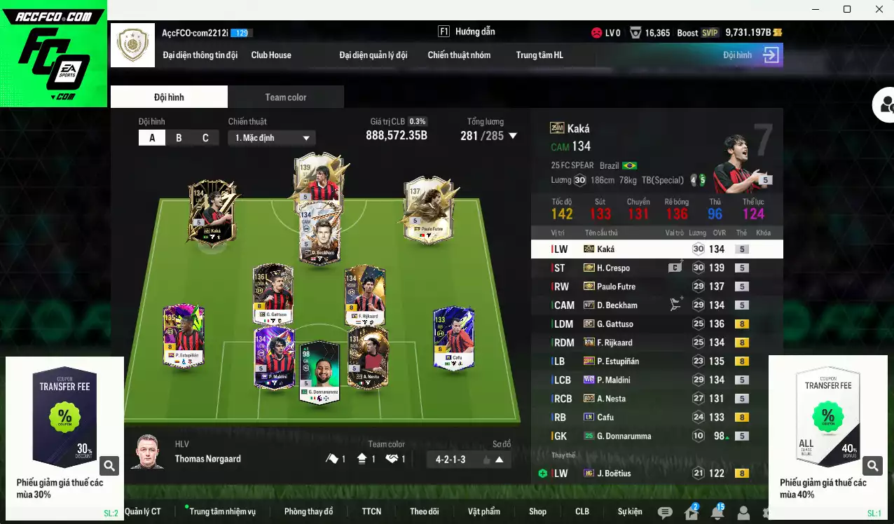 AC Milan 888.570b có Crespo ITM+5, Futre ITM+5, Kaká 25IM, Beckham No.7, Gattuso DC...