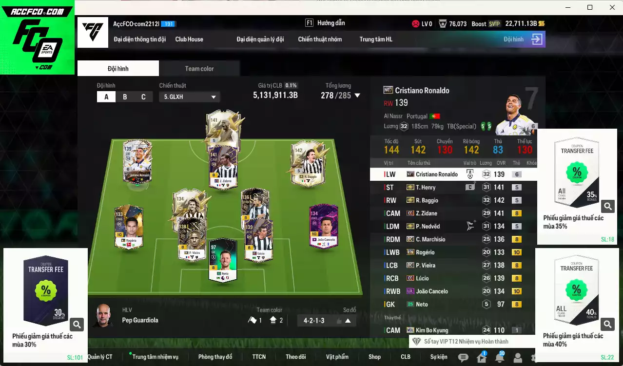 Juventus 5.131.910b có Baggio ITM+5, Henry ITM+5, Nedved ITM+5, Zidane CC (fix BP), CR7 No.7+6, Vieira DC, Cancelo LOL+10, Lúcio CC, Marchisio DC... Còn rất nhiều CP GIẢM THUẾ, HLV Xịn, đã đào tạo full chỉ số cầu thủ vs nữa bảng chiến thuật