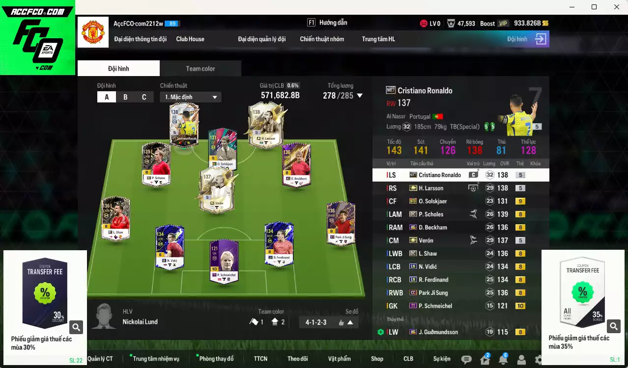 Man Utd. 571.680b có Verón ITM+5, CR7 No.7, Larsson ITM+5, Beckham HG, Scholes DC, Park CC, Vidic LN, Shaw DC... HLV Xịn, dư 66.000TC