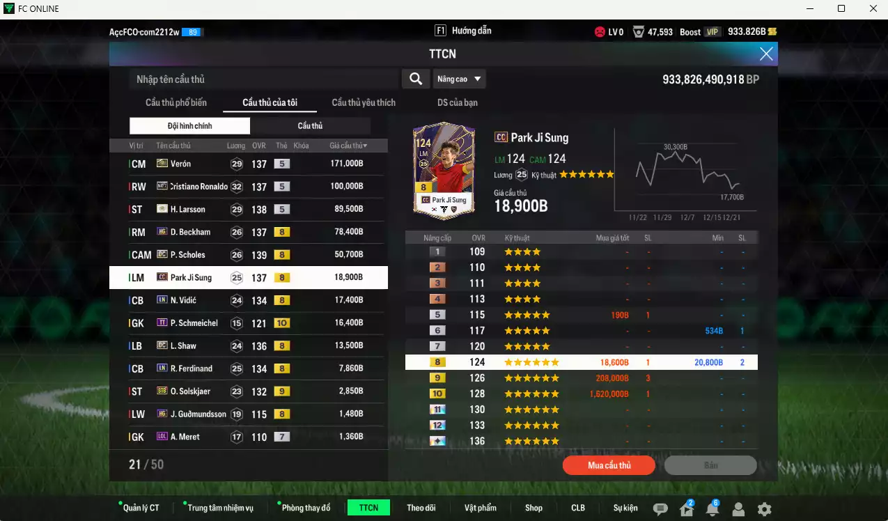 Ảnh Man Utd. 571.680b có Verón ITM+5, CR7 No.7, Larsson ITM+5, Beckham HG, Scholes DC, Park CC, Vidic LN, Shaw DC... HLV Xịn, dư 66.000TC