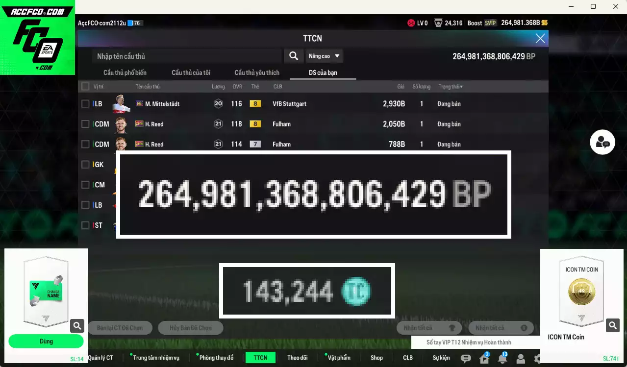 ACC 264981b trắng, có thẻ đổi tên, còn CP GIẢM THUẾ. HLV Xịn, dư 143.000TC