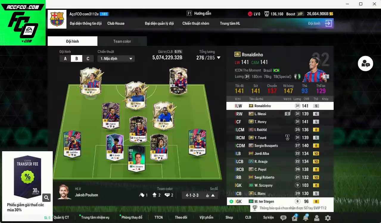 Barcelona 5.074.220b có Henry ITM+5, Ronaldinho ITM+5, Touré ITM+5, Blanc ITM+5, Messi BLD+6, Alba BTB+10, Araujo SPL+10, Sergi Roberto BTB+10, Puyol DC, Rakitic CC... HLV Xịn, dư 106.000TC