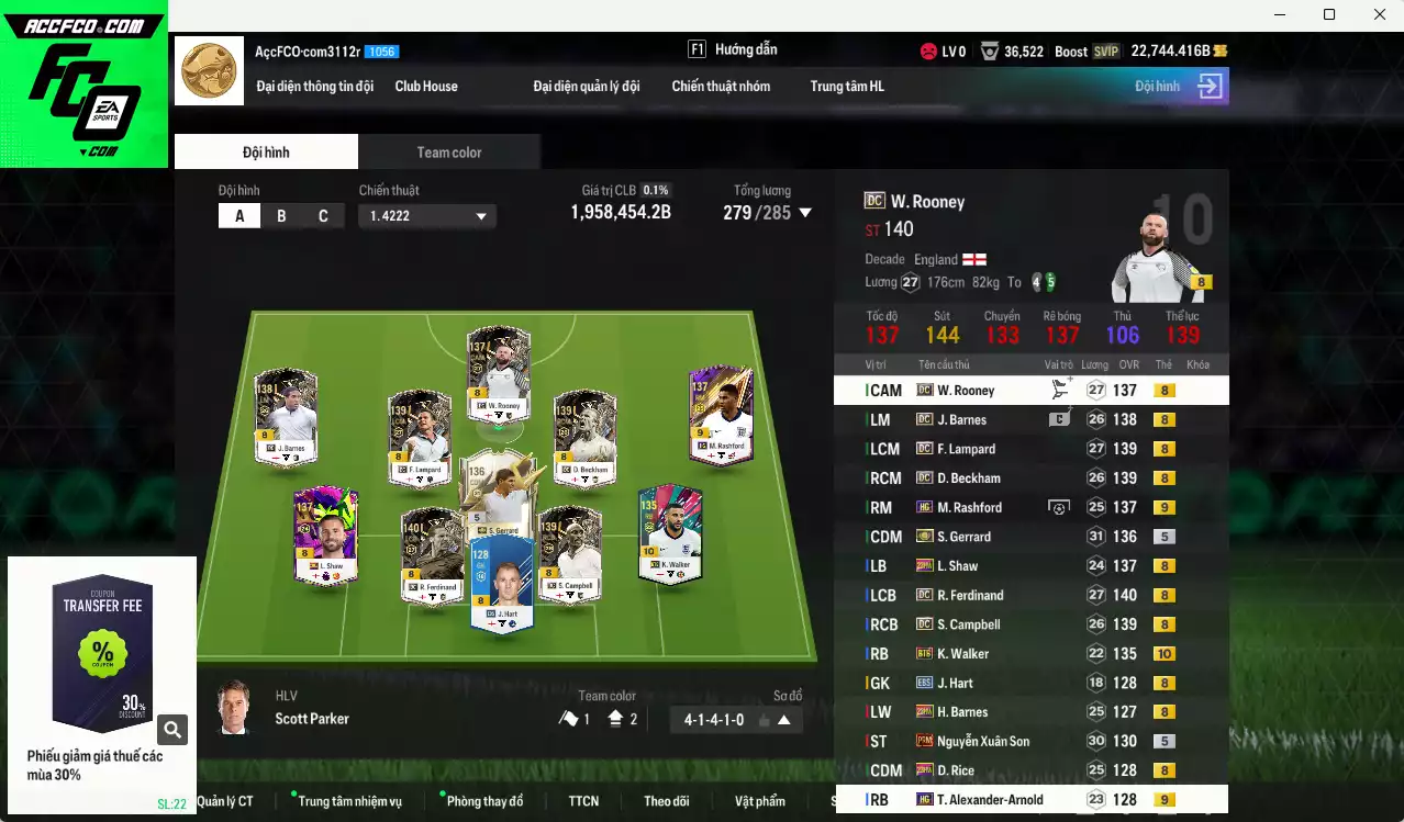 Anh 1.958.450b có Gerrard ITM+5, Walker BTB+10, Beckham DC, Ferdinand DC, Rooney DC, Lampard DC, Rashford HG+9, Arnold HG+9, Cole HG+9...  Còn nhiều coin TM, HLV Xịn, đã đào tạo chỉ số full cầu thủ