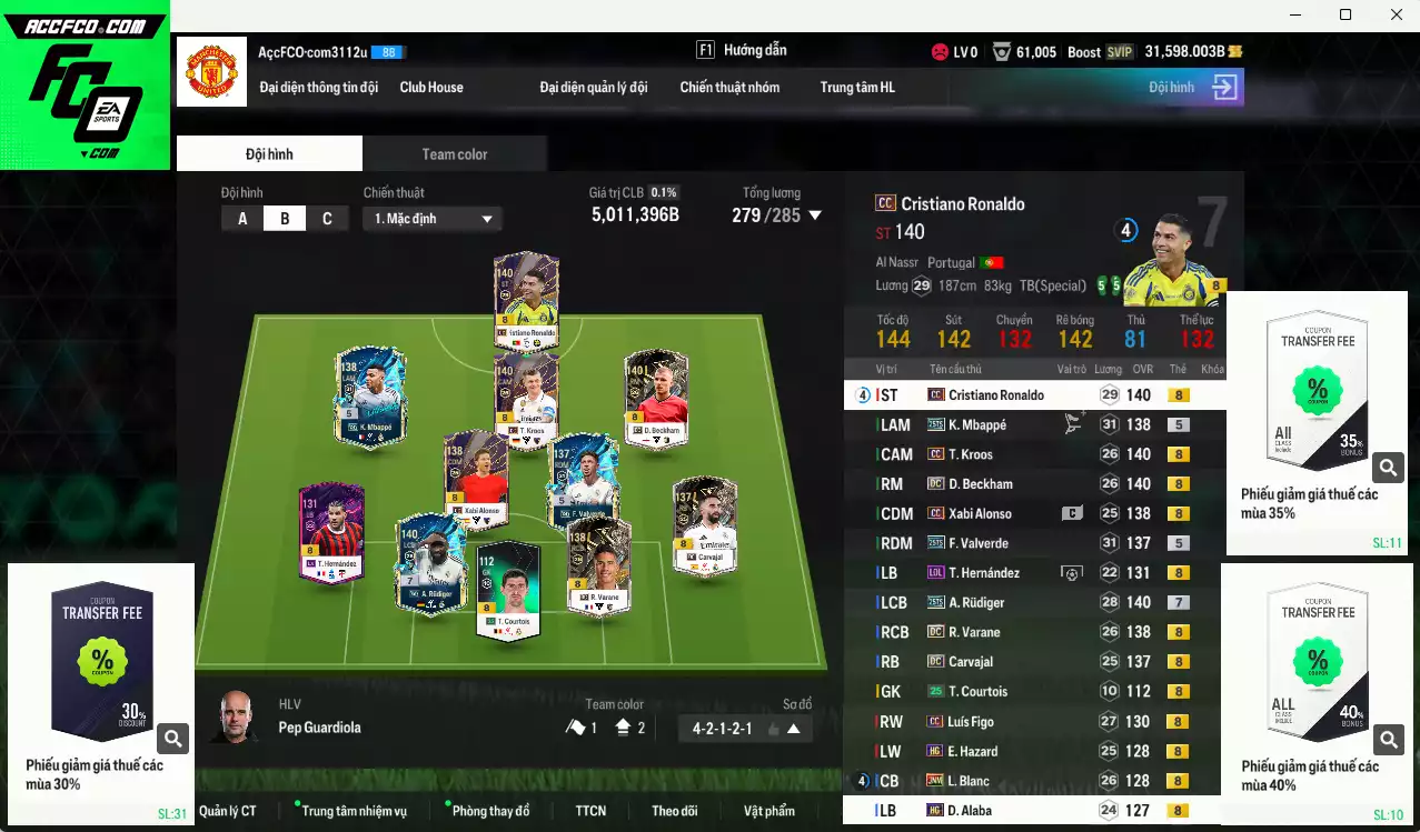 Real Madrid 5.011.390b có CR7 CC+8, Varane DC, Rudiger 25TS+7, Mbappé 25TS, Beckham DC, Valverde 25TS, Kroos CC, Zidane LN, Kaká LN... Còn nhiều CP GIẢM THUẾ, đã dào tạo chỉ số full cầu thủ