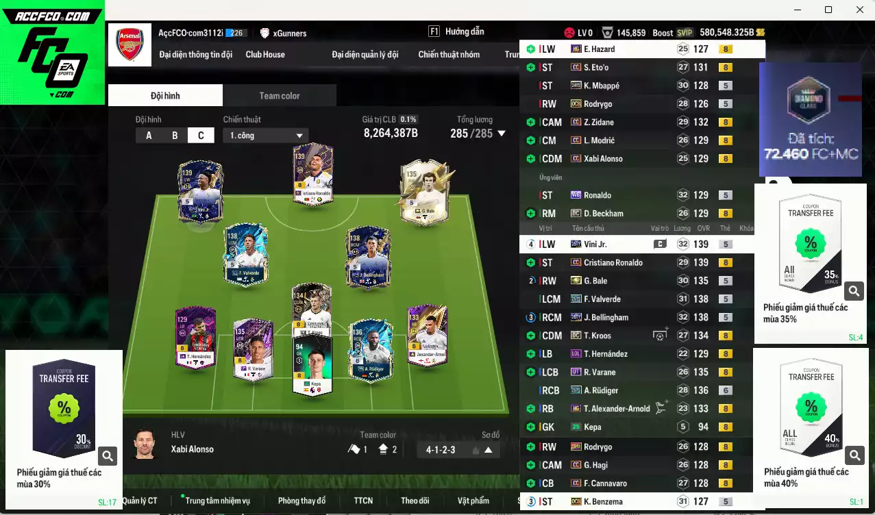 Real Madrid 8.624.380b dư 580kb có CR7 CC+8, Bale ITM+5, Vini 25TY, Bellingham 25TY, Zidane CC, Varane UT (limit,bù), Kroos DC, Beckham DC, Rudiger 25TS+6, Valverde 25TS, Eto CC...  Dư 128.000TC, VIP KC Tháng 1