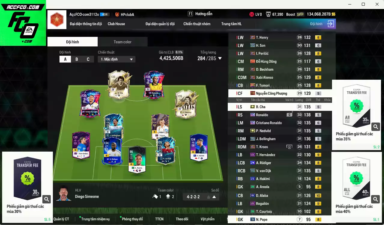 Quốc Dân best 4.425.500b dư 134kb có Nedved ITM+5, B. Cha ITM+5, CR7 CH+6, Bellingham 25TS, Ronaldo CH, Van Dijk 25TS, Rudiger 24UCL, H. Son 25TS, Kroos CC, Beckham CC, Henry CC... Còn nhiều coin TM, HLV Xịn, đã đào tạo chỉ số full cầu thủ