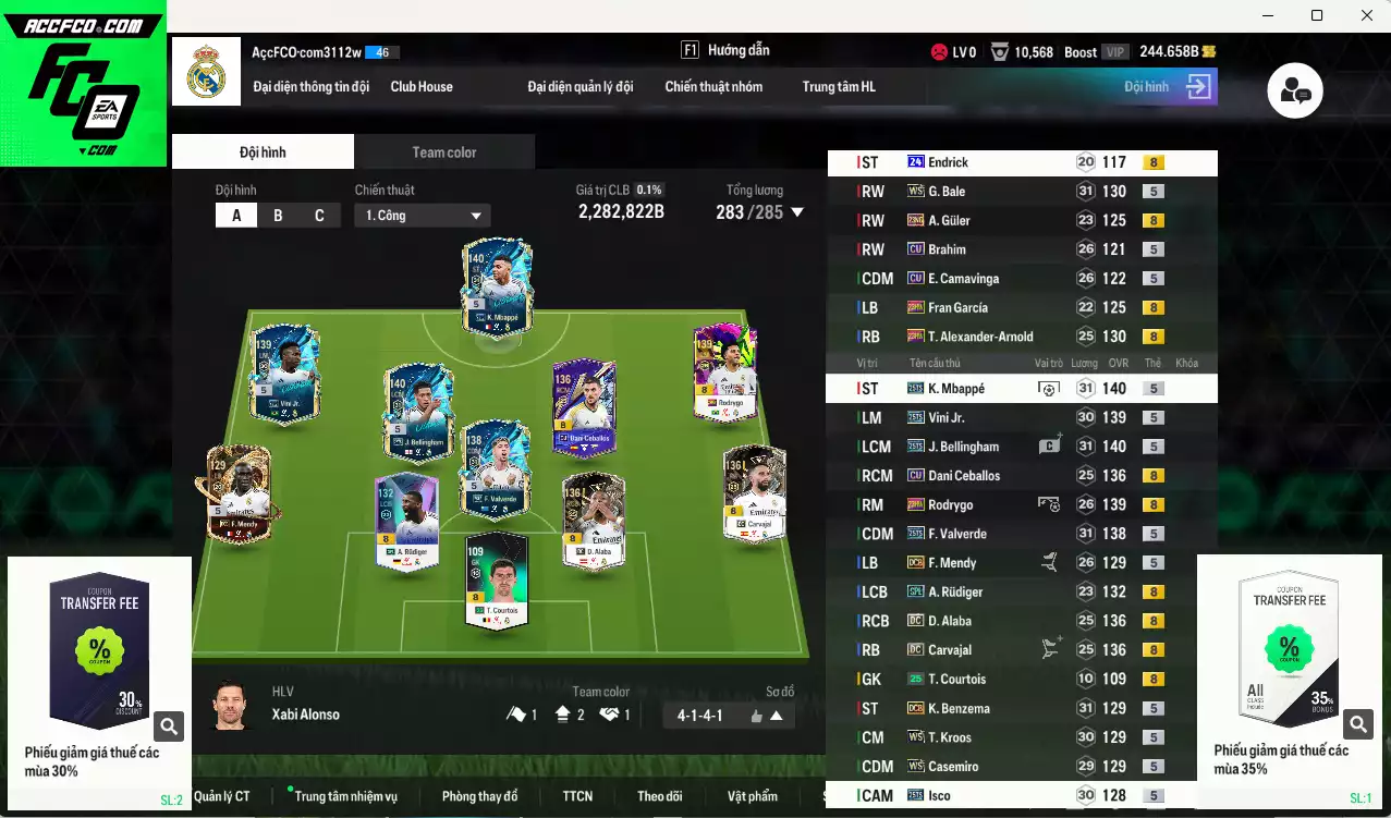 Real Madrid 2.282.820b có Mbappé 25TS, Bellingham 25TS, Valverde 25TS, Vini 25TS, Bale WS, Alaba DC, Rudiger SPL, Casemiro WS, Benzema DC, Kroos DC, Arnold 23HW, Rodrygo 23HW...