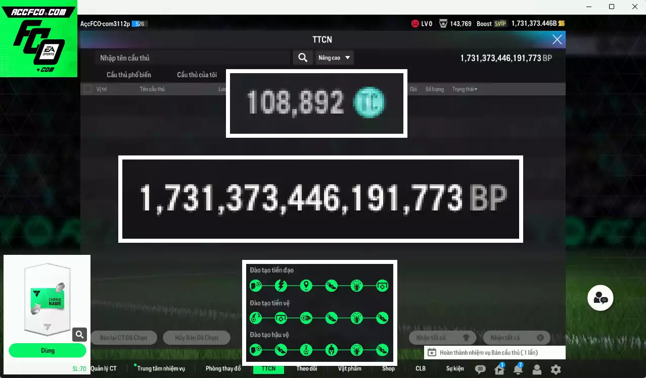 ACC 1731373b trắng, có thẻ đổi tên, còn nhiều CP GIẢM THUẾ. HLV Siêu Xịn, đã full đào tạo chiến thuật, dư 108.000TC