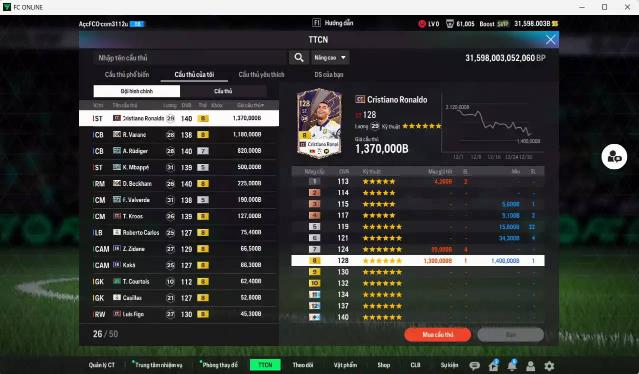 Ảnh Real Madrid 5.011.390b có CR7 CC+8, Varane DC, Rudiger 25TS+7, Mbappé 25TS, Beckham DC, Valverde 25TS, Kroos CC, Zidane LN, Kaká LN... Còn nhiều CP GIẢM THUẾ, đã dào tạo chỉ số full cầu thủ