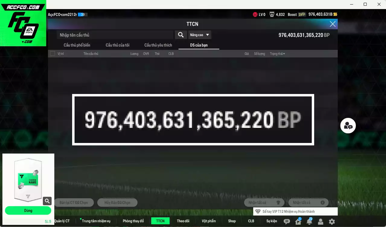 ACC 976403b trắng, có thẻ đổi tên. HLV Xịn