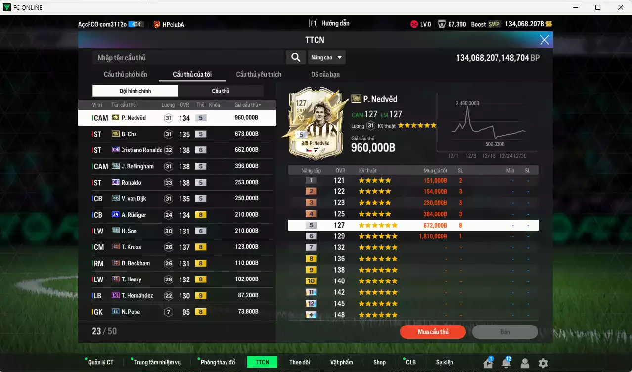 Ảnh Quốc Dân best 4.425.500b dư 134kb có Nedved ITM+5, B. Cha ITM+5, CR7 CH+6, Bellingham 25TS, Ronaldo CH, Van Dijk 25TS, Rudiger 24UCL, H. Son 25TS, Kroos CC, Beckham CC, Henry CC... Còn nhiều coin TM, HLV Xịn, đã đào tạo chỉ số full cầu thủ