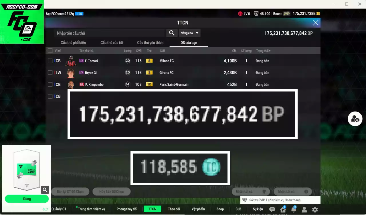 ACC 175231b trắng, có thẻ đổi tên. Dư 118.000TC