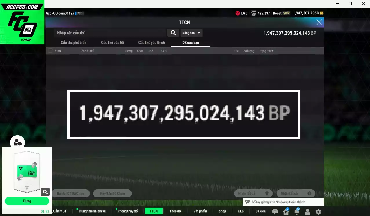 ACC 1947307b trắng, có thẻ đổi tên. HLV Siêu Xịn, đã đào tạo nữa bảng chiến thuật