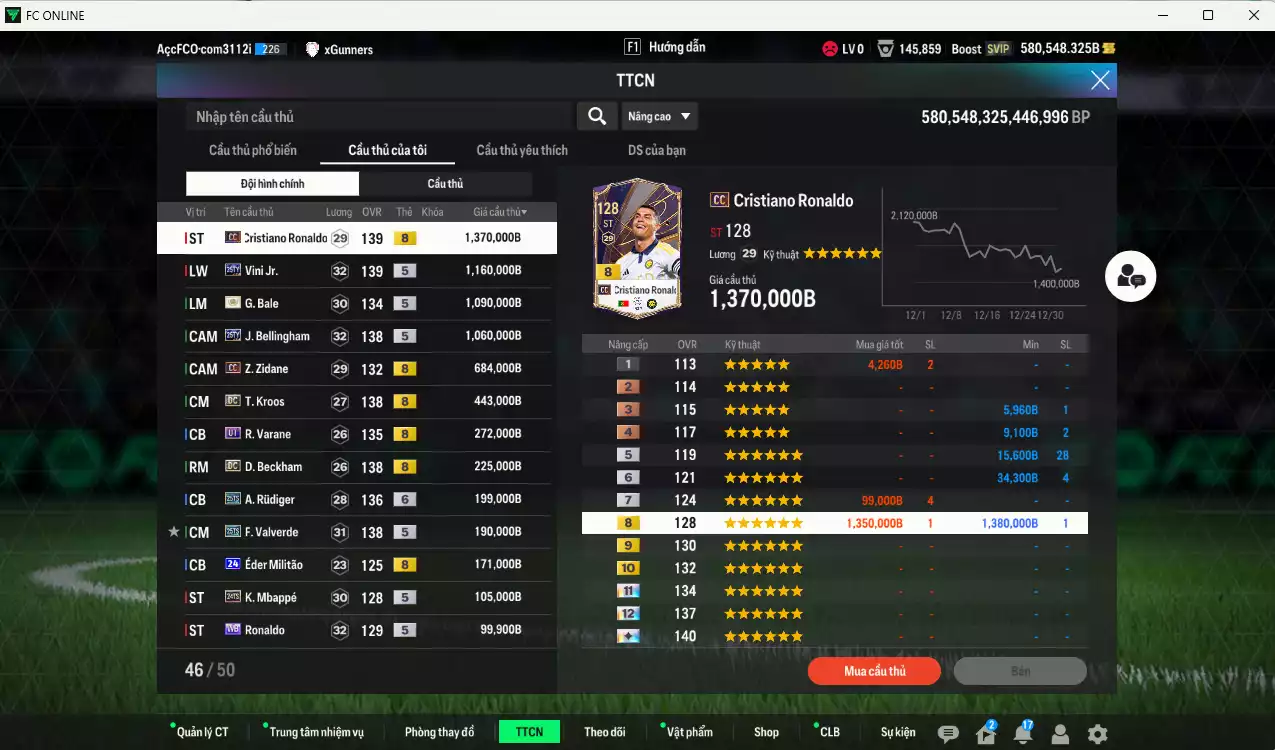 Ảnh Real Madrid 8.624.380b dư 580kb có CR7 CC+8, Bale ITM+5, Vini 25TY, Bellingham 25TY, Zidane CC, Varane UT (limit,bù), Kroos DC, Beckham DC, Rudiger 25TS+6, Valverde 25TS, Eto CC...  Dư 128.000TC, VIP KC Tháng 1