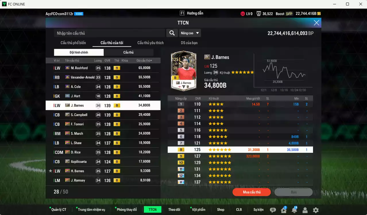 Ảnh Anh 1.958.450b có Gerrard ITM+5, Walker BTB+10, Beckham DC, Ferdinand DC, Rooney DC, Lampard DC, Rashford HG+9, Arnold HG+9, Cole HG+9...  Còn nhiều coin TM, HLV Xịn, đã đào tạo chỉ số full cầu thủ