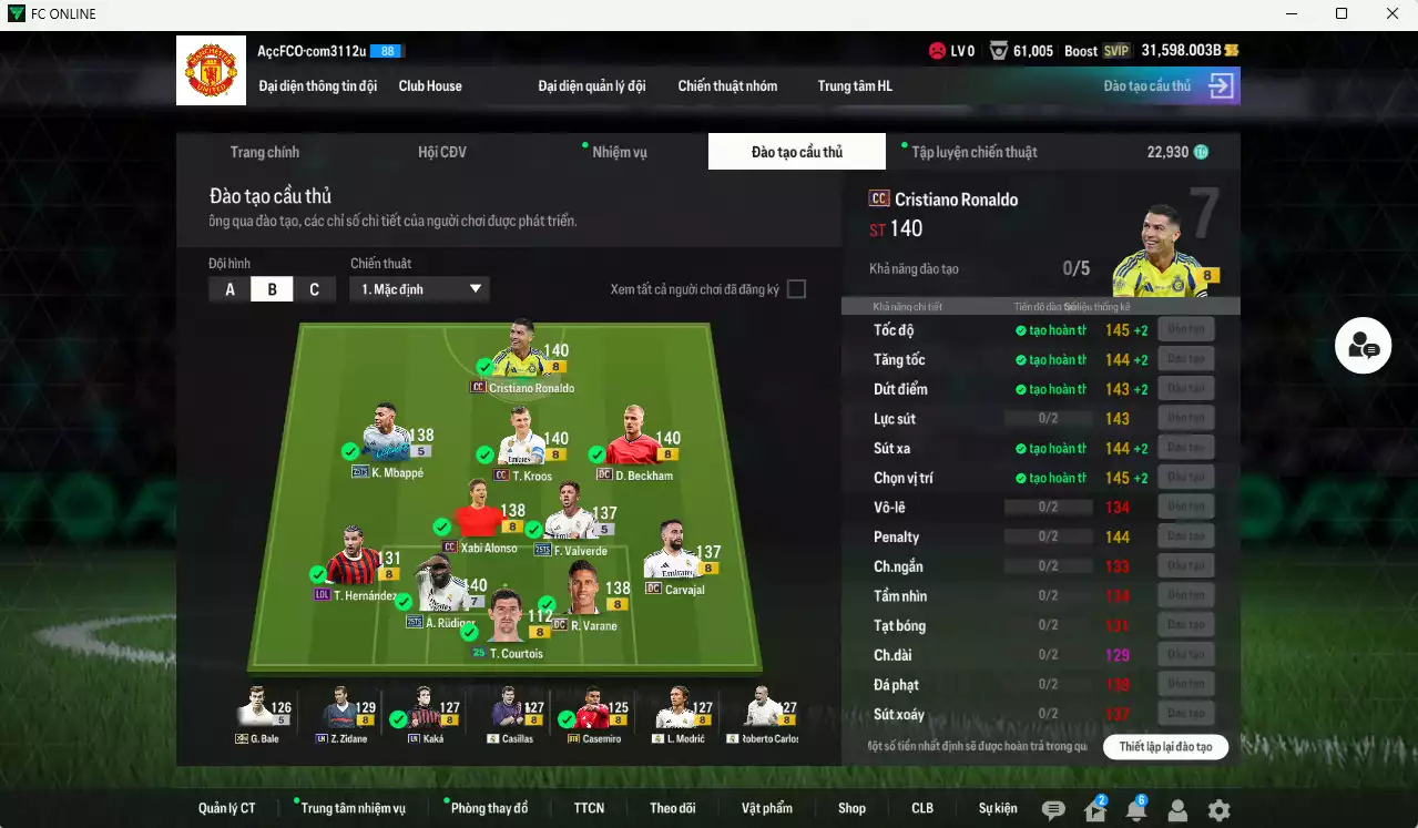 Ảnh Real Madrid 5.011.390b có CR7 CC+8, Varane DC, Rudiger 25TS+7, Mbappé 25TS, Beckham DC, Valverde 25TS, Kroos CC, Zidane LN, Kaká LN... Còn nhiều CP GIẢM THUẾ, đã dào tạo chỉ số full cầu thủ