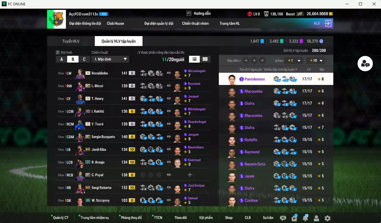 Ảnh Barcelona 5.074.220b có Henry ITM+5, Ronaldinho ITM+5, Touré ITM+5, Blanc ITM+5, Messi BLD+6, Alba BTB+10, Araujo SPL+10, Sergi Roberto BTB+10, Puyol DC, Rakitic CC... HLV Xịn, dư 106.000TC