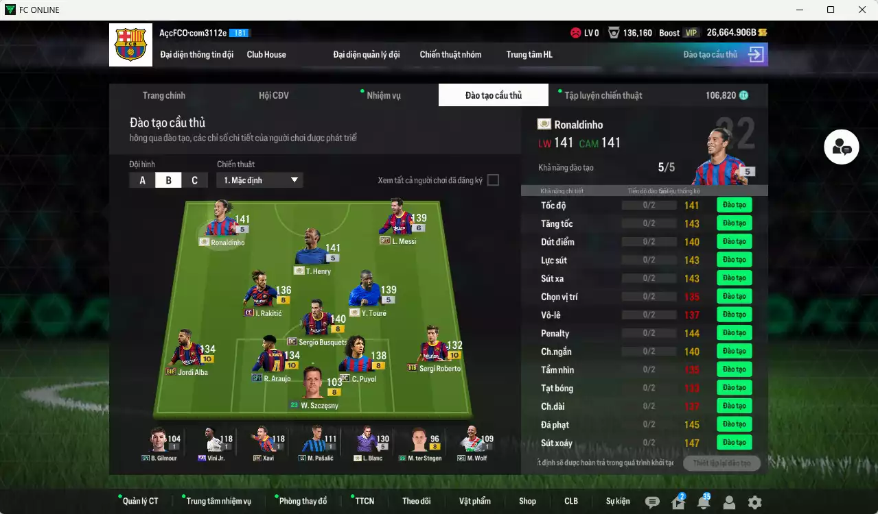 Ảnh Barcelona 5.074.220b có Henry ITM+5, Ronaldinho ITM+5, Touré ITM+5, Blanc ITM+5, Messi BLD+6, Alba BTB+10, Araujo SPL+10, Sergi Roberto BTB+10, Puyol DC, Rakitic CC... HLV Xịn, dư 106.000TC