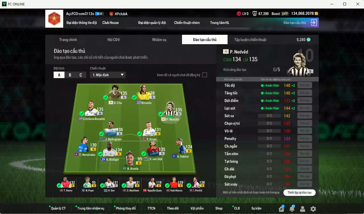 Ảnh Quốc Dân best 4.425.500b dư 134kb có Nedved ITM+5, B. Cha ITM+5, CR7 CH+6, Bellingham 25TS, Ronaldo CH, Van Dijk 25TS, Rudiger 24UCL, H. Son 25TS, Kroos CC, Beckham CC, Henry CC... Còn nhiều coin TM, HLV Xịn, đã đào tạo chỉ số full cầu thủ