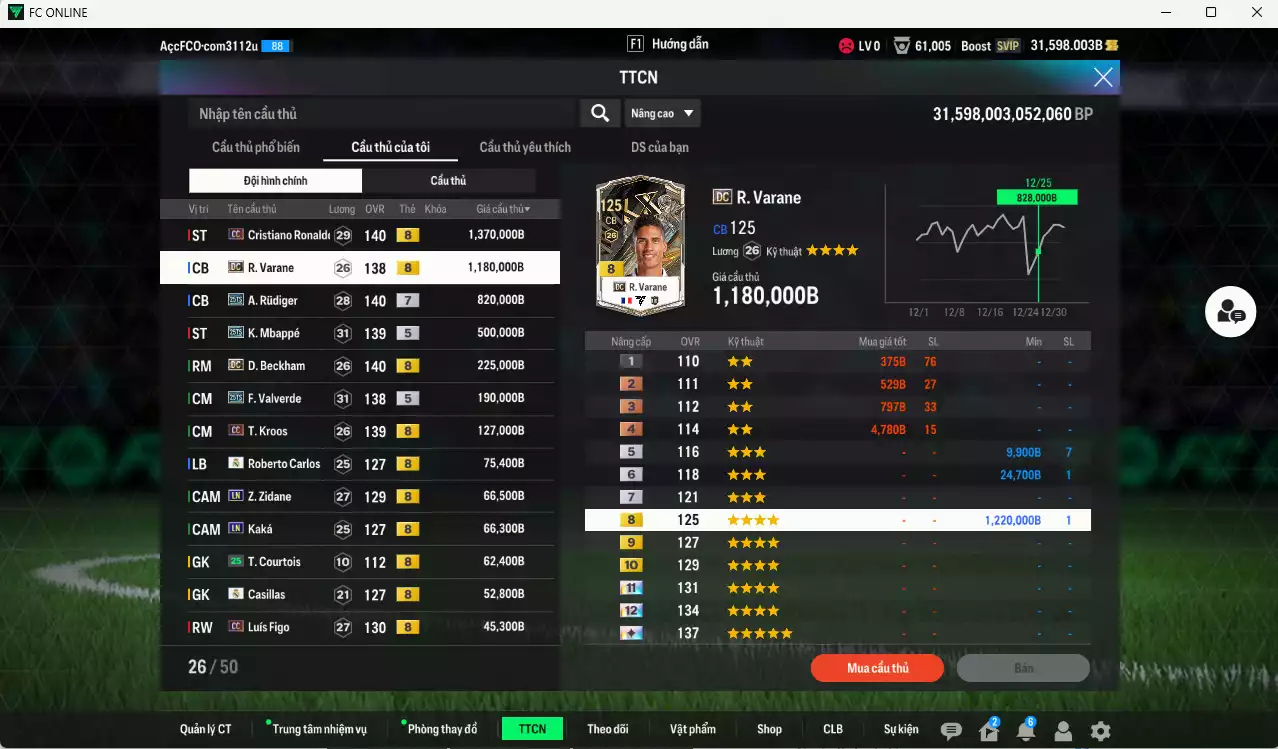 Ảnh Real Madrid 5.011.390b có CR7 CC+8, Varane DC, Rudiger 25TS+7, Mbappé 25TS, Beckham DC, Valverde 25TS, Kroos CC, Zidane LN, Kaká LN... Còn nhiều CP GIẢM THUẾ, đã dào tạo chỉ số full cầu thủ