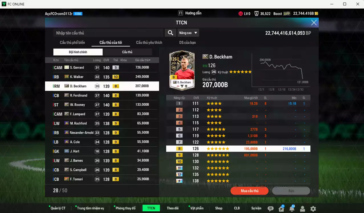 Ảnh Anh 1.958.450b có Gerrard ITM+5, Walker BTB+10, Beckham DC, Ferdinand DC, Rooney DC, Lampard DC, Rashford HG+9, Arnold HG+9, Cole HG+9...  Còn nhiều coin TM, HLV Xịn, đã đào tạo chỉ số full cầu thủ