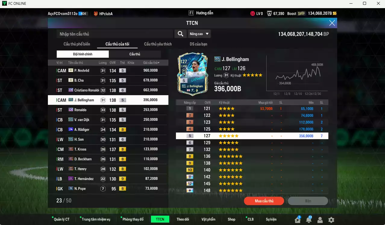 Ảnh Quốc Dân best 4.425.500b dư 134kb có Nedved ITM+5, B. Cha ITM+5, CR7 CH+6, Bellingham 25TS, Ronaldo CH, Van Dijk 25TS, Rudiger 24UCL, H. Son 25TS, Kroos CC, Beckham CC, Henry CC... Còn nhiều coin TM, HLV Xịn, đã đào tạo chỉ số full cầu thủ