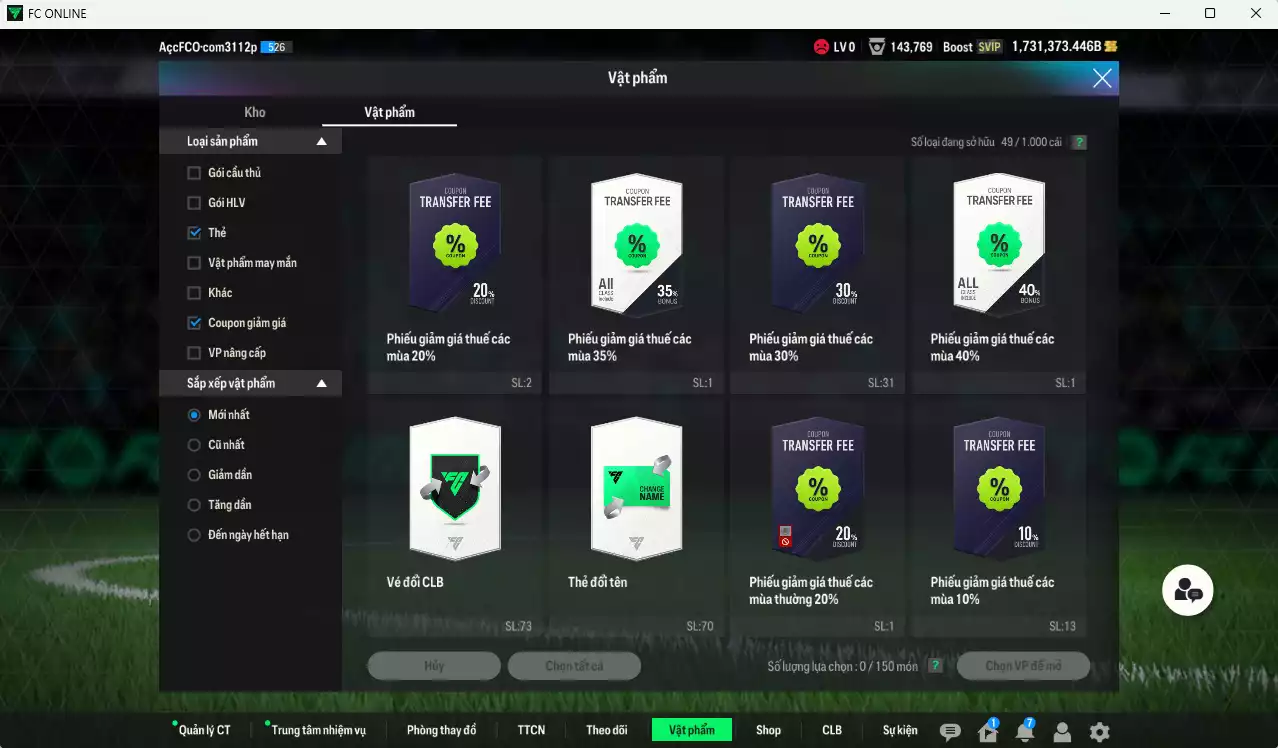 Ảnh ACC 1731373b trắng, có thẻ đổi tên, còn nhiều CP GIẢM THUẾ. HLV Siêu Xịn, đã full đào tạo chiến thuật, dư 108.000TC