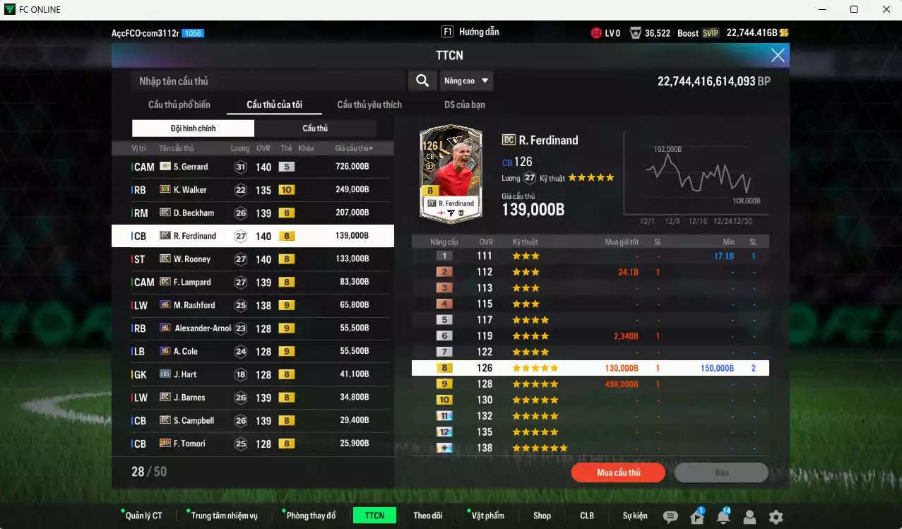 Ảnh Anh 1.958.450b có Gerrard ITM+5, Walker BTB+10, Beckham DC, Ferdinand DC, Rooney DC, Lampard DC, Rashford HG+9, Arnold HG+9, Cole HG+9...  Còn nhiều coin TM, HLV Xịn, đã đào tạo chỉ số full cầu thủ