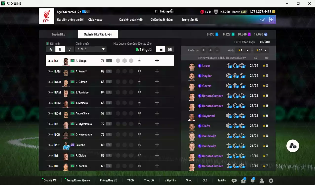 Ảnh ACC 1731373b trắng, có thẻ đổi tên, còn nhiều CP GIẢM THUẾ. HLV Siêu Xịn, đã full đào tạo chiến thuật, dư 108.000TC