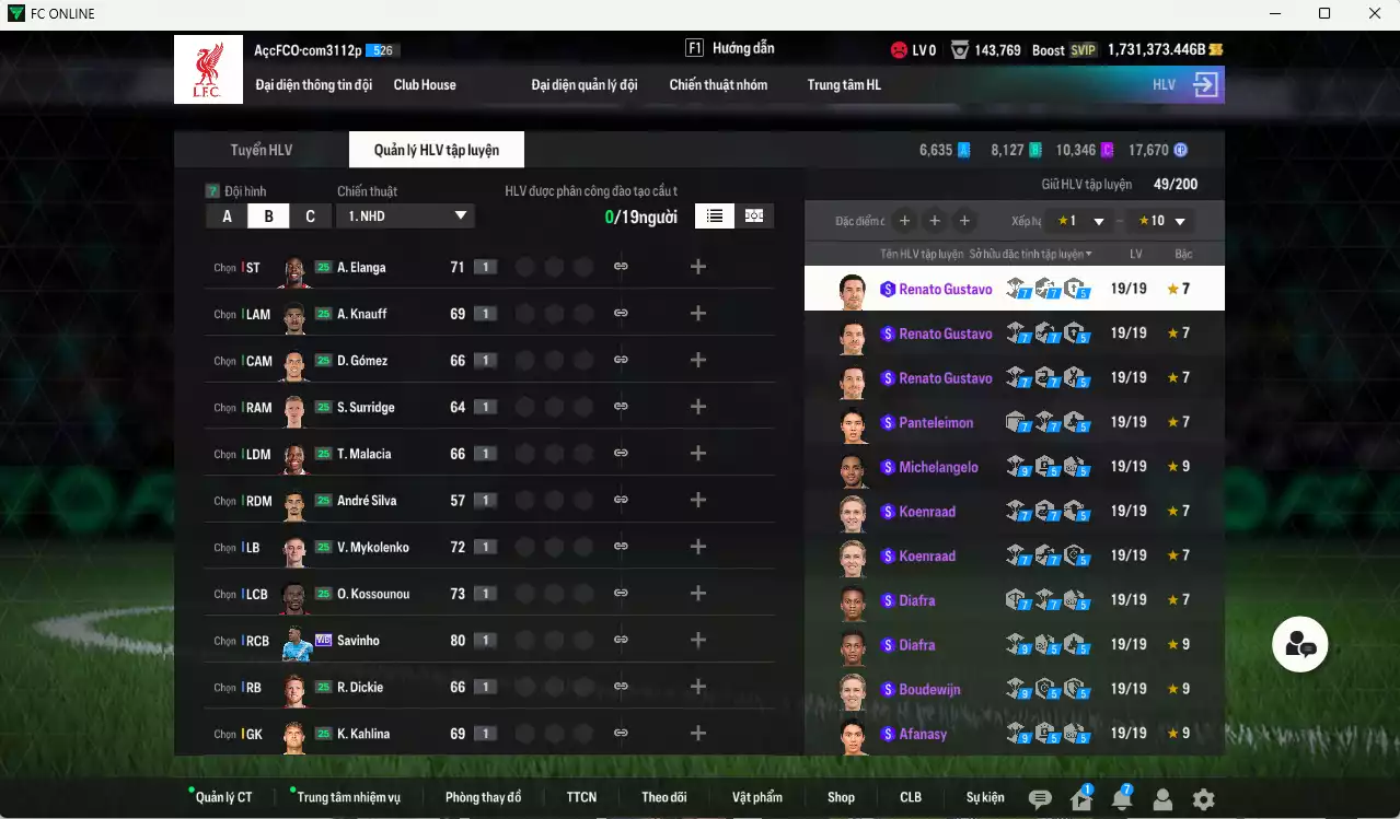 Ảnh ACC 1731373b trắng, có thẻ đổi tên, còn nhiều CP GIẢM THUẾ. HLV Siêu Xịn, đã full đào tạo chiến thuật, dư 108.000TC