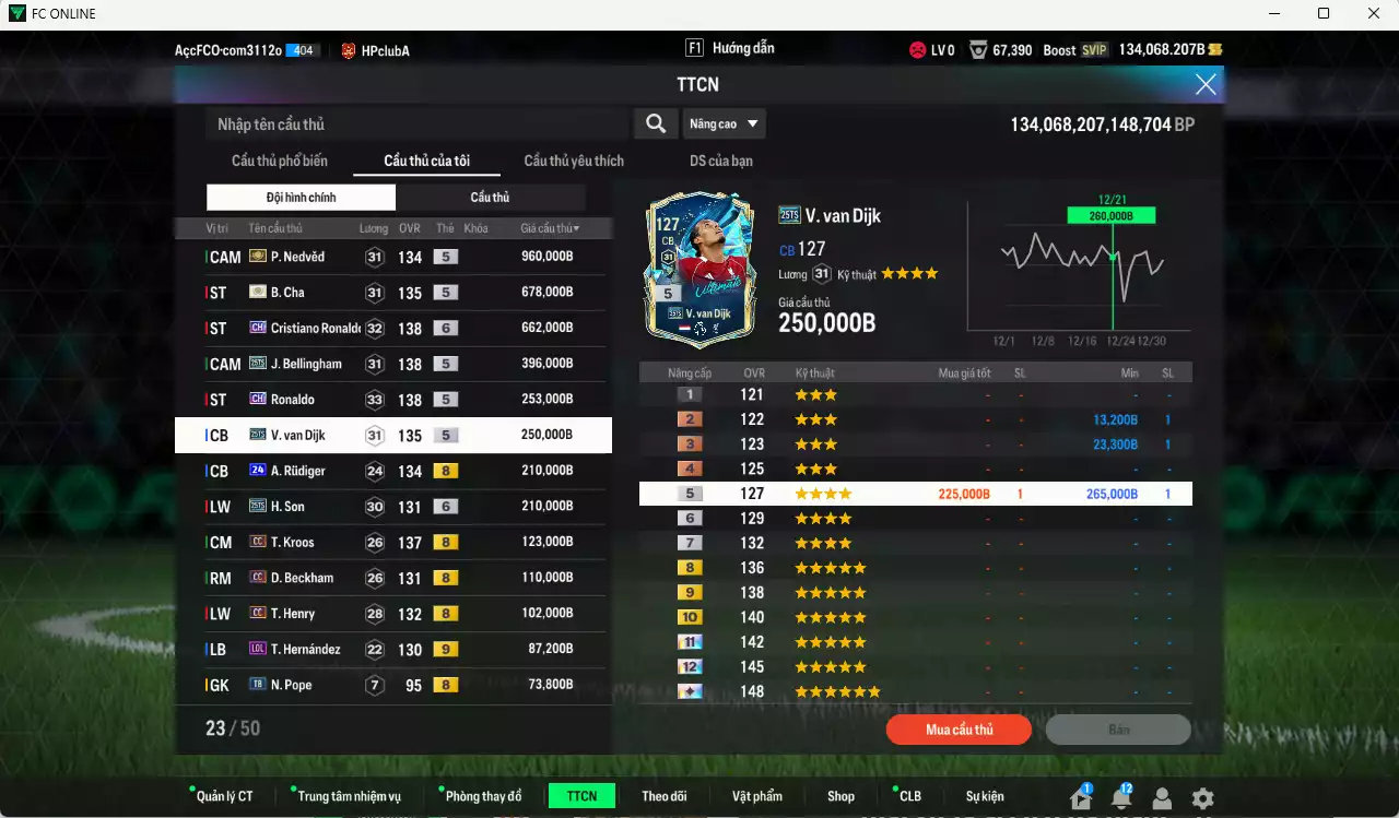 Ảnh Quốc Dân best 4.425.500b dư 134kb có Nedved ITM+5, B. Cha ITM+5, CR7 CH+6, Bellingham 25TS, Ronaldo CH, Van Dijk 25TS, Rudiger 24UCL, H. Son 25TS, Kroos CC, Beckham CC, Henry CC... Còn nhiều coin TM, HLV Xịn, đã đào tạo chỉ số full cầu thủ