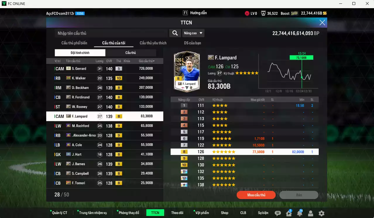 Ảnh Anh 1.958.450b có Gerrard ITM+5, Walker BTB+10, Beckham DC, Ferdinand DC, Rooney DC, Lampard DC, Rashford HG+9, Arnold HG+9, Cole HG+9...  Còn nhiều coin TM, HLV Xịn, đã đào tạo chỉ số full cầu thủ