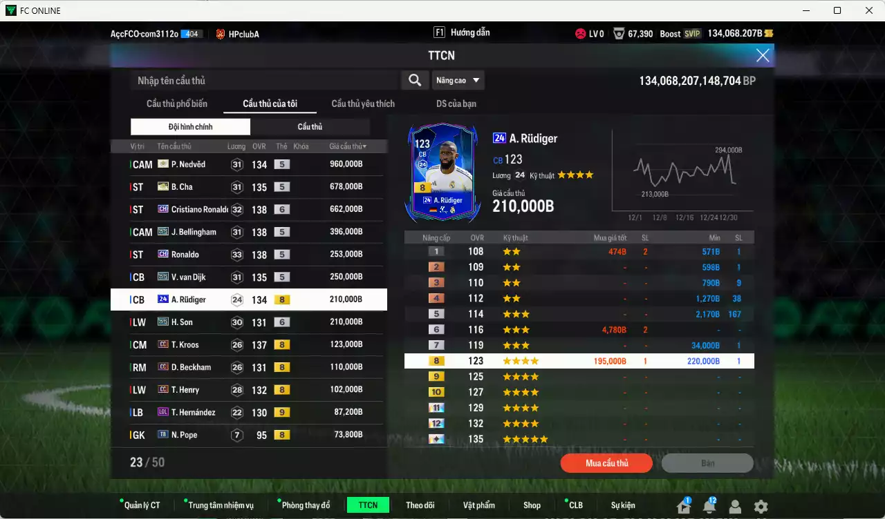 Ảnh Quốc Dân best 4.425.500b dư 134kb có Nedved ITM+5, B. Cha ITM+5, CR7 CH+6, Bellingham 25TS, Ronaldo CH, Van Dijk 25TS, Rudiger 24UCL, H. Son 25TS, Kroos CC, Beckham CC, Henry CC... Còn nhiều coin TM, HLV Xịn, đã đào tạo chỉ số full cầu thủ