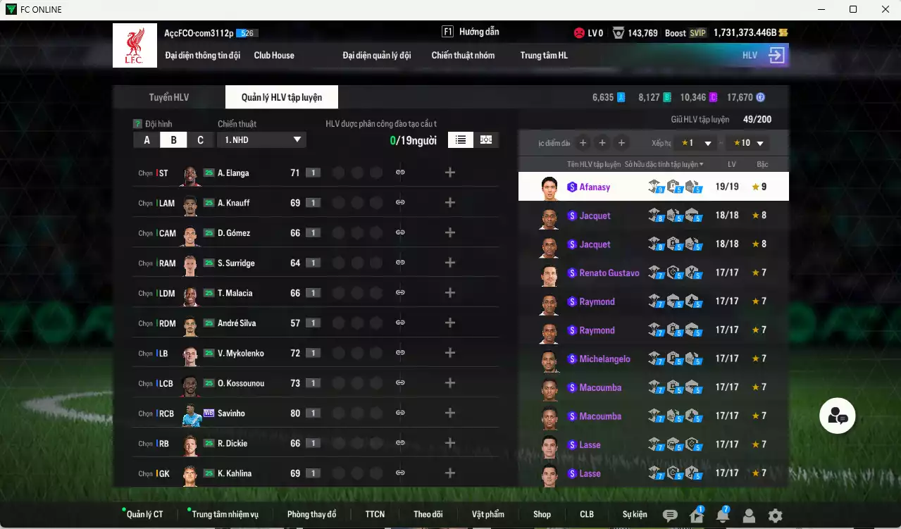 Ảnh ACC 1731373b trắng, có thẻ đổi tên, còn nhiều CP GIẢM THUẾ. HLV Siêu Xịn, đã full đào tạo chiến thuật, dư 108.000TC