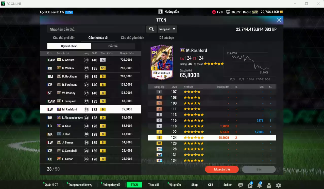 Ảnh Anh 1.958.450b có Gerrard ITM+5, Walker BTB+10, Beckham DC, Ferdinand DC, Rooney DC, Lampard DC, Rashford HG+9, Arnold HG+9, Cole HG+9...  Còn nhiều coin TM, HLV Xịn, đã đào tạo chỉ số full cầu thủ