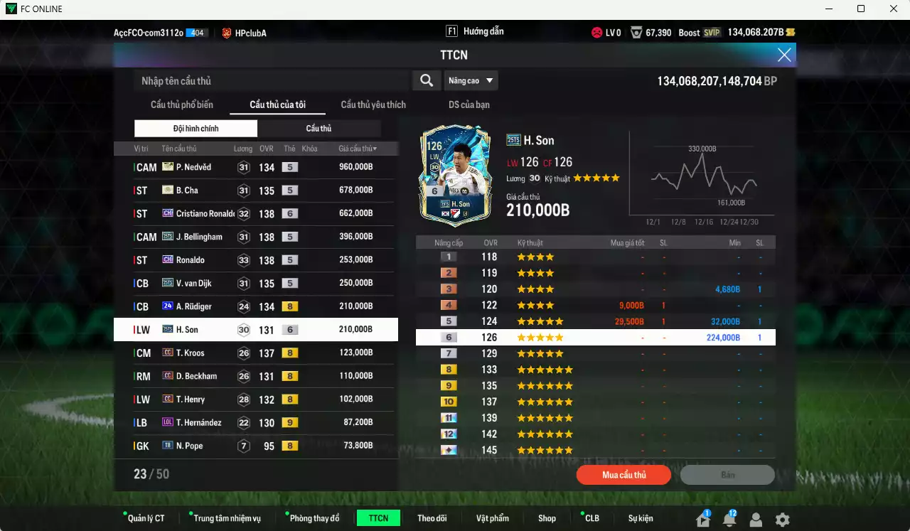 Ảnh Quốc Dân best 4.425.500b dư 134kb có Nedved ITM+5, B. Cha ITM+5, CR7 CH+6, Bellingham 25TS, Ronaldo CH, Van Dijk 25TS, Rudiger 24UCL, H. Son 25TS, Kroos CC, Beckham CC, Henry CC... Còn nhiều coin TM, HLV Xịn, đã đào tạo chỉ số full cầu thủ