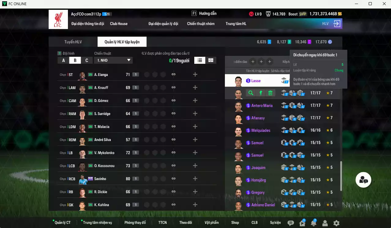 Ảnh ACC 1731373b trắng, có thẻ đổi tên, còn nhiều CP GIẢM THUẾ. HLV Siêu Xịn, đã full đào tạo chiến thuật, dư 108.000TC