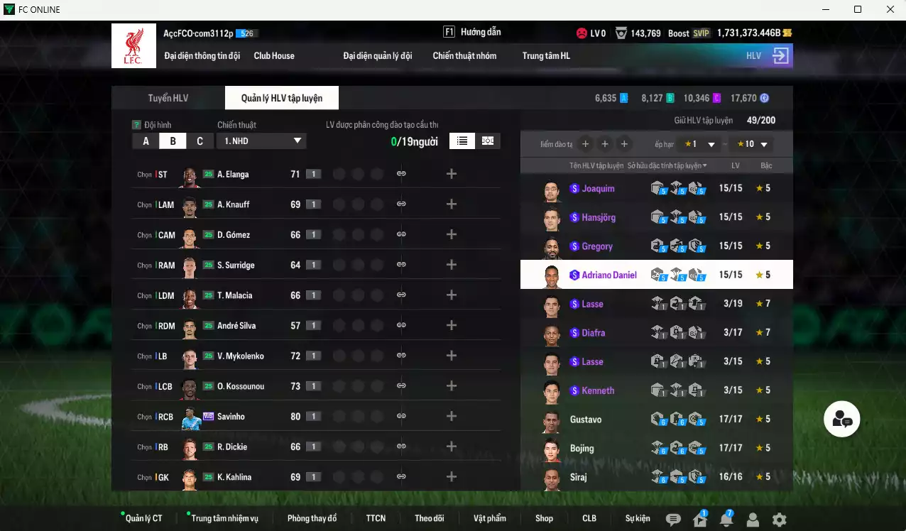 Ảnh ACC 1731373b trắng, có thẻ đổi tên, còn nhiều CP GIẢM THUẾ. HLV Siêu Xịn, đã full đào tạo chiến thuật, dư 108.000TC